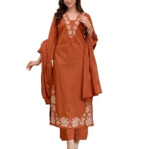 anni designer pure cotton embroidered kurta set for women | rust orange kurta with pants & dupatta | floral neck & hem embroidery | cotton kurta set for women